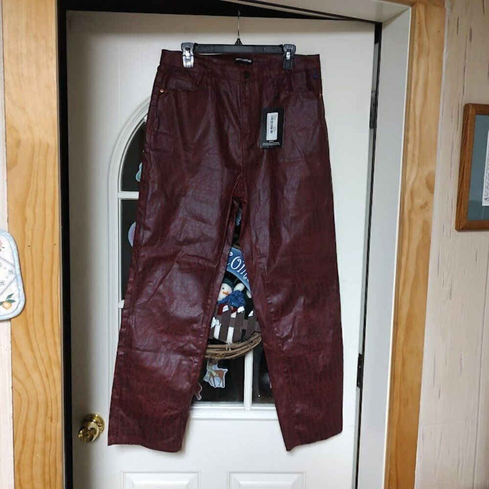 New Pretty Little Thing Dark Red Coated Denim Croc Straight Leg Jeans Women's 10